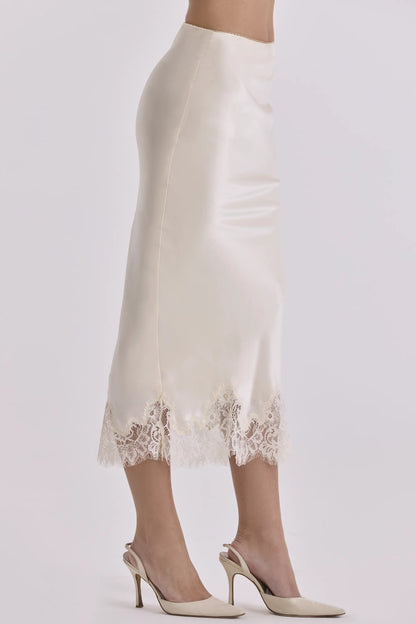 Ciara Vintage Ivory Satin + Lace Midi Skirt