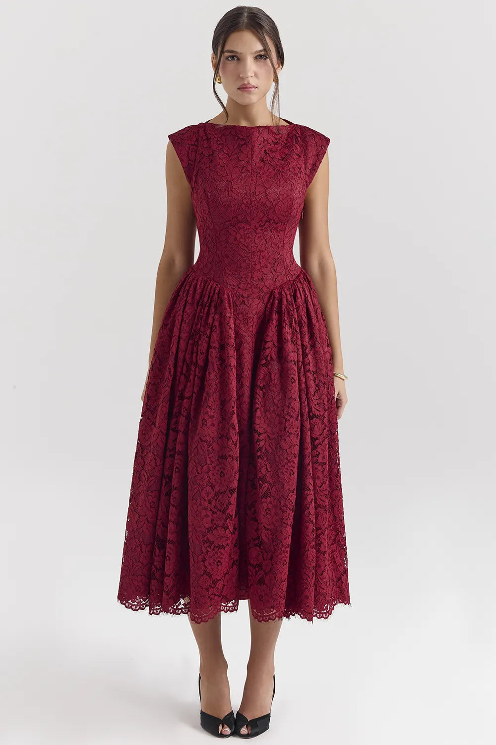 Debutante Berry Lace Backless Midi Dress
