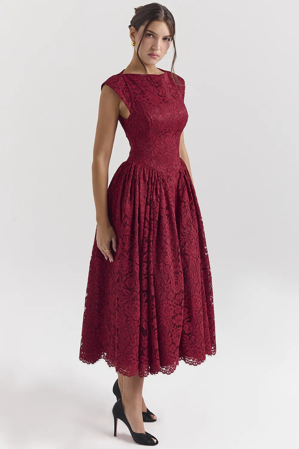 Debutante Berry Lace Backless Midi Dress