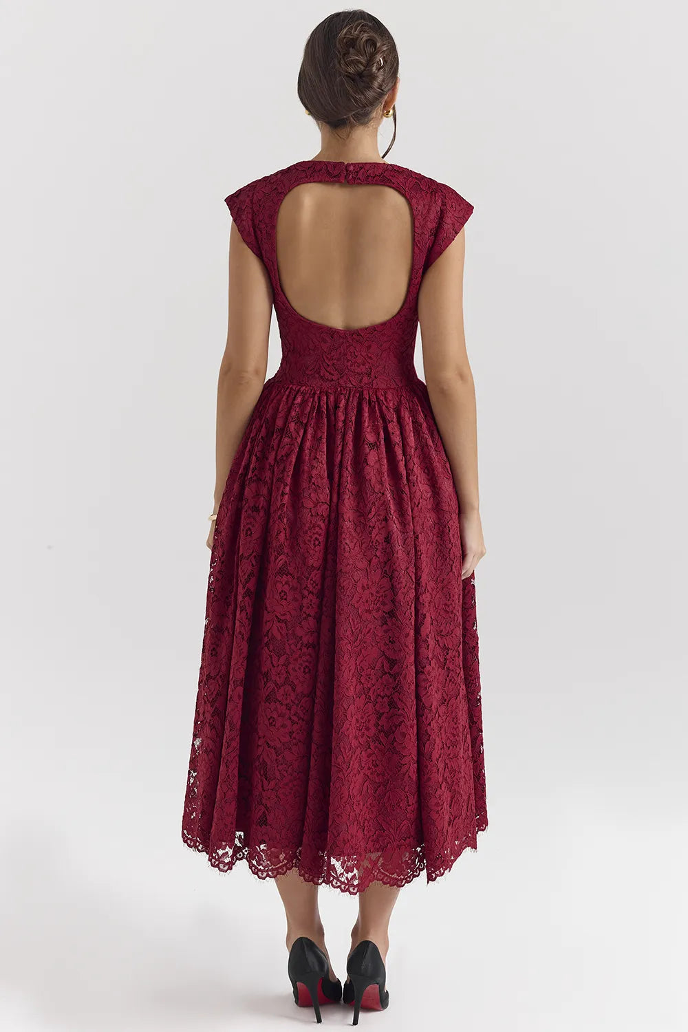 Debutante Berry Lace Backless Midi Dress
