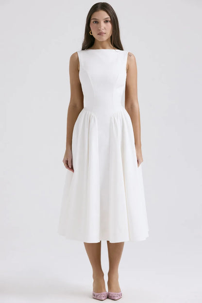 Cindy White Twill Midi Sundress