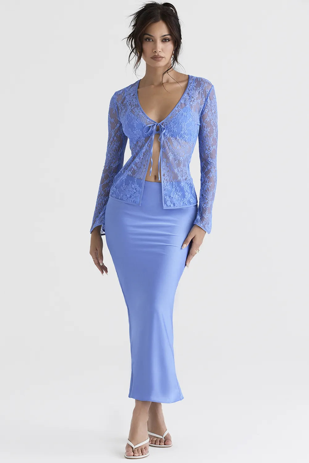 Phoebe Blue Lace Tie Front Top