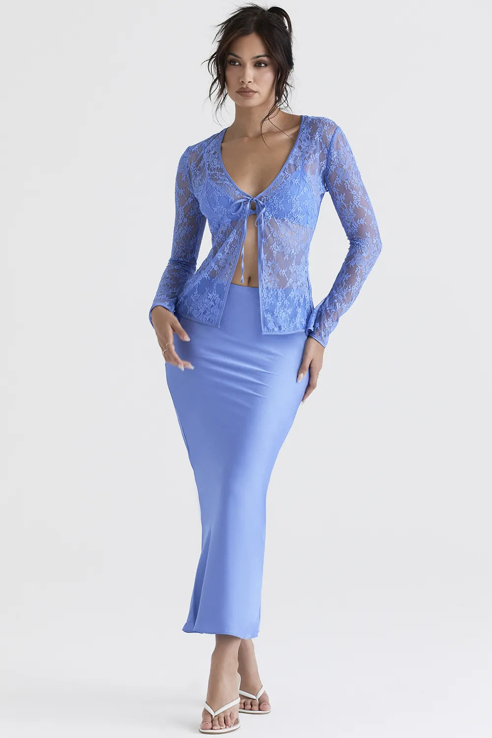 Clara Blue Satin Bias Cut Midi Skirt