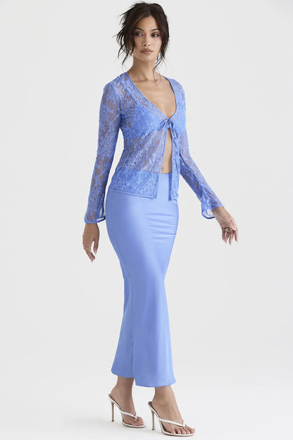 Clara Blue Satin Bias Cut Midi Skirt