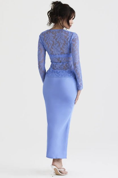 Clara Blue Satin Bias Cut Midi Skirt