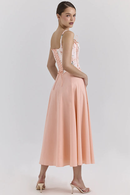 Clarabelle Peach Cotton Detachable Corset Midi SunDress
