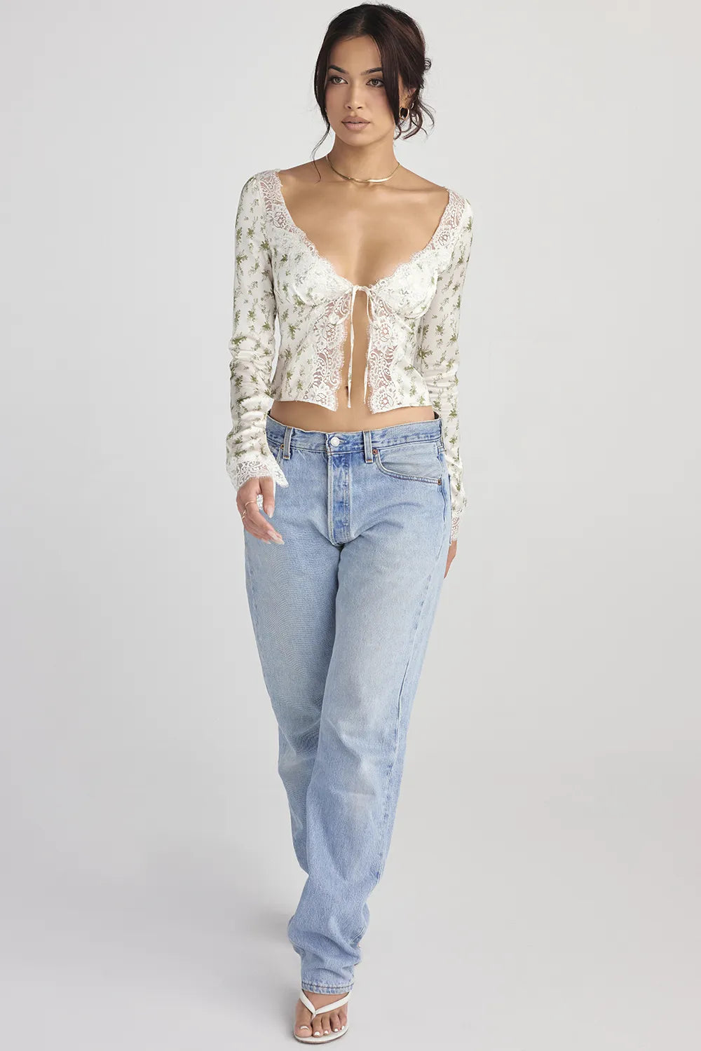 Clarissa Garden Print Lace Trim Top
