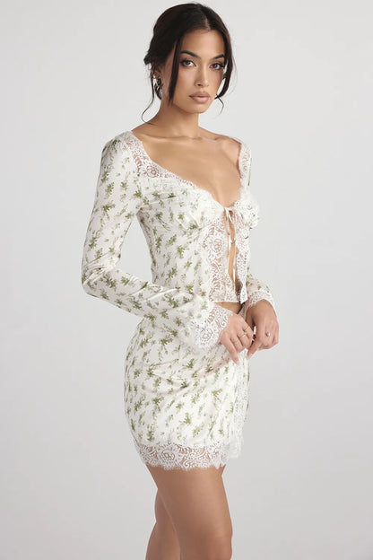Noemie Garden Print Lace Trim Mini Skirt