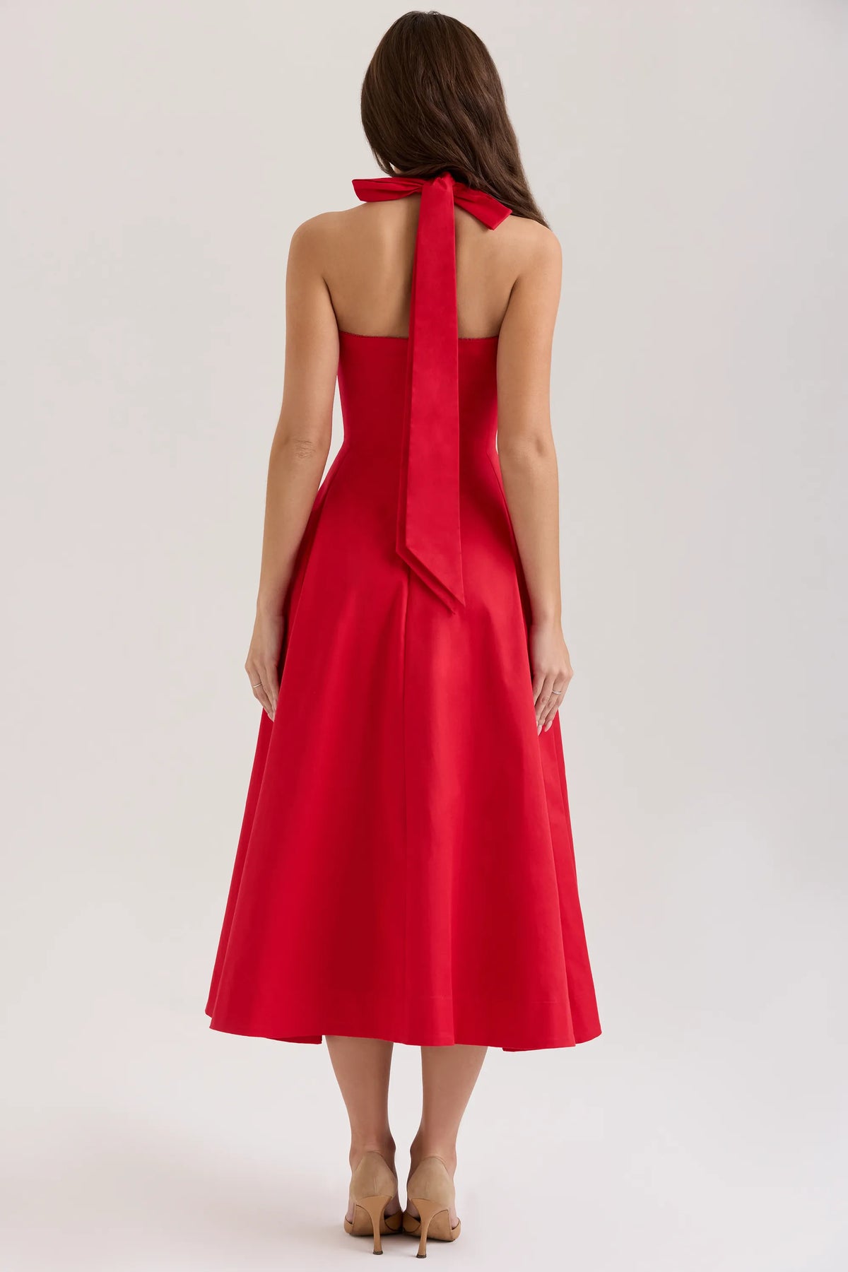 Claudia Red Stretch Cotton Button Halter Neck Midi Dress