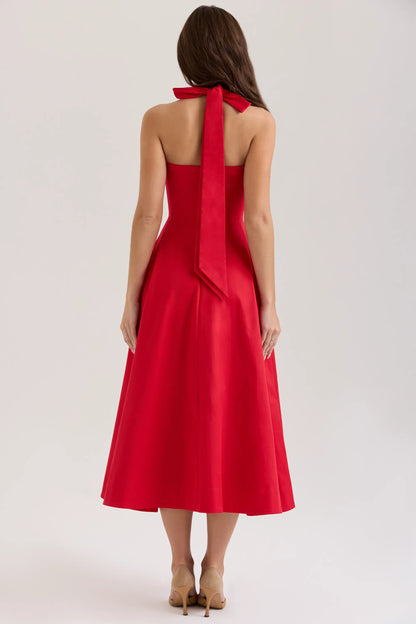 Claudia Red Stretch Cotton Button Halter Neck Midi Dress