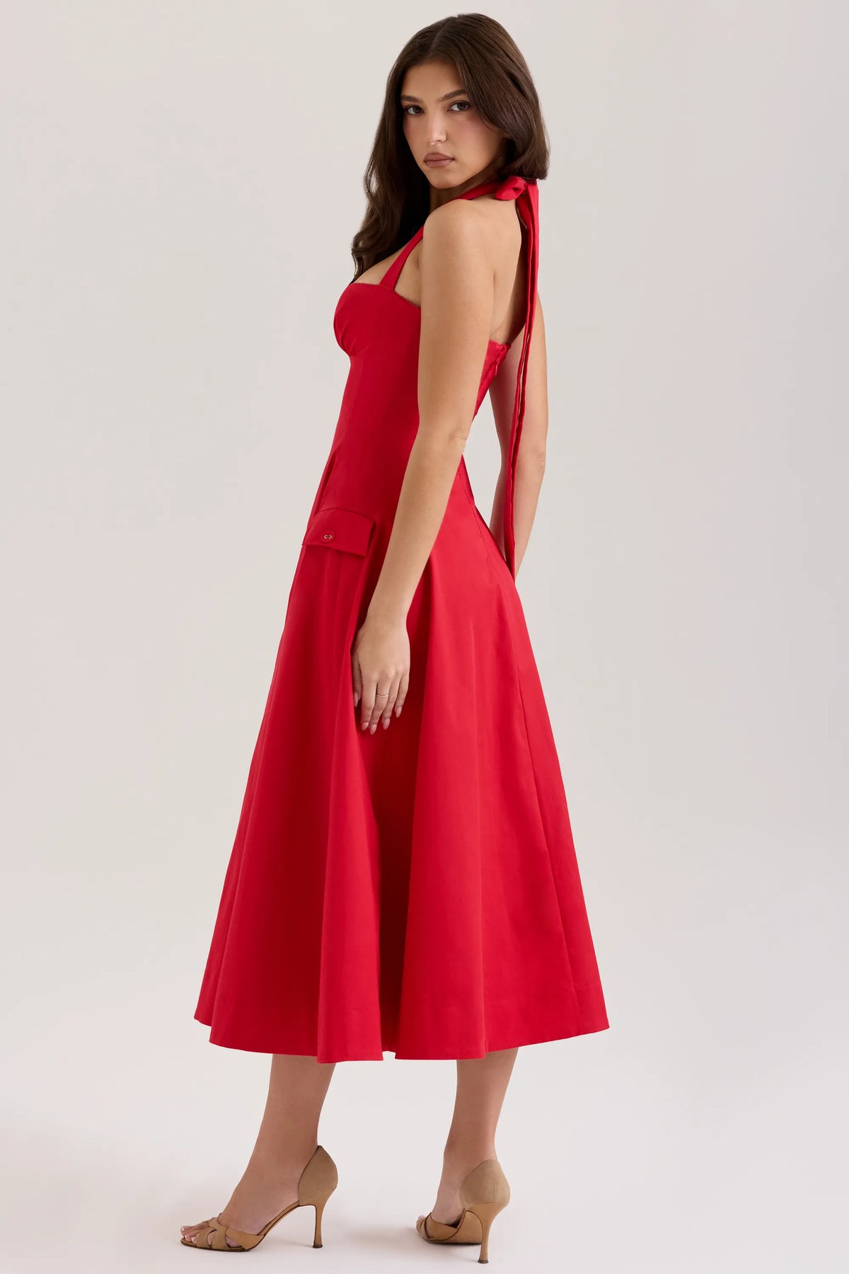 Claudia Red Stretch Cotton Button Halter Neck Midi Dress