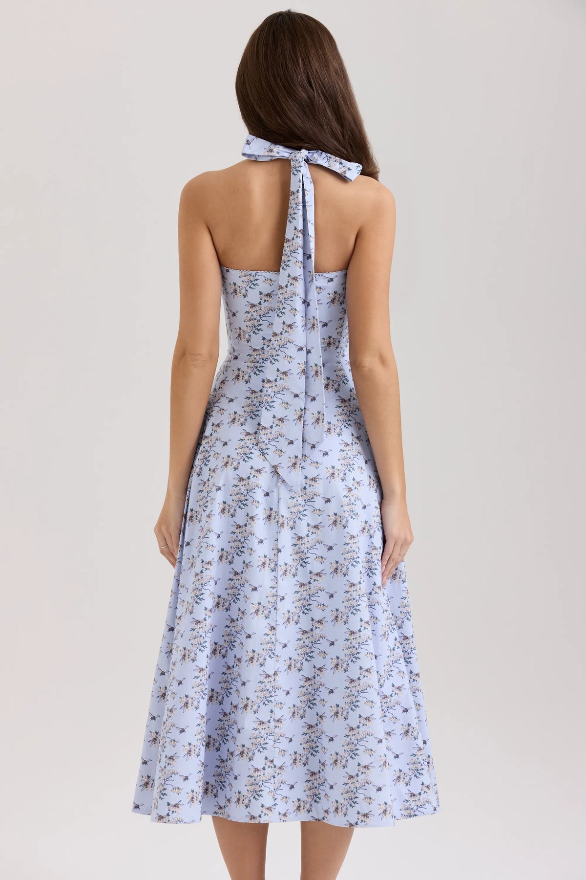 Claudia Blue Floral Print Stretch Cotton Halter Neck Midi Dress