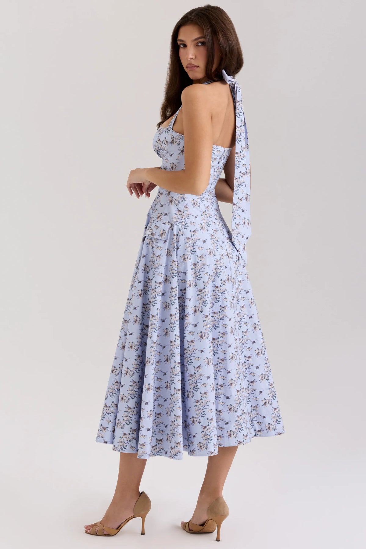 Claudia Blue Floral Print Stretch Cotton Halter Neck Midi Dress