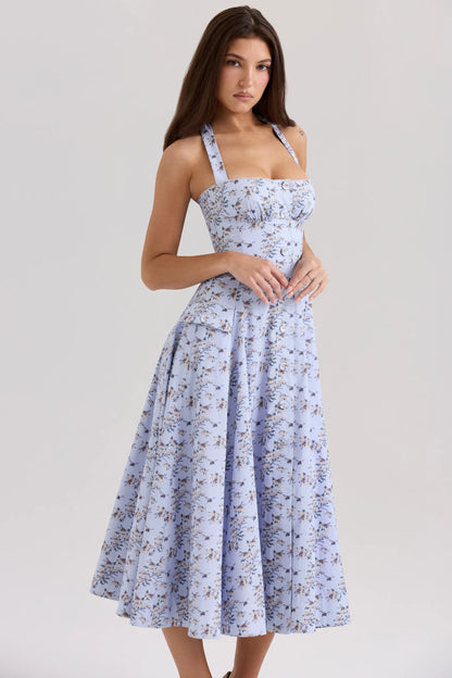 Claudia Blue Floral Print Stretch Cotton Halter Neck Midi Dress