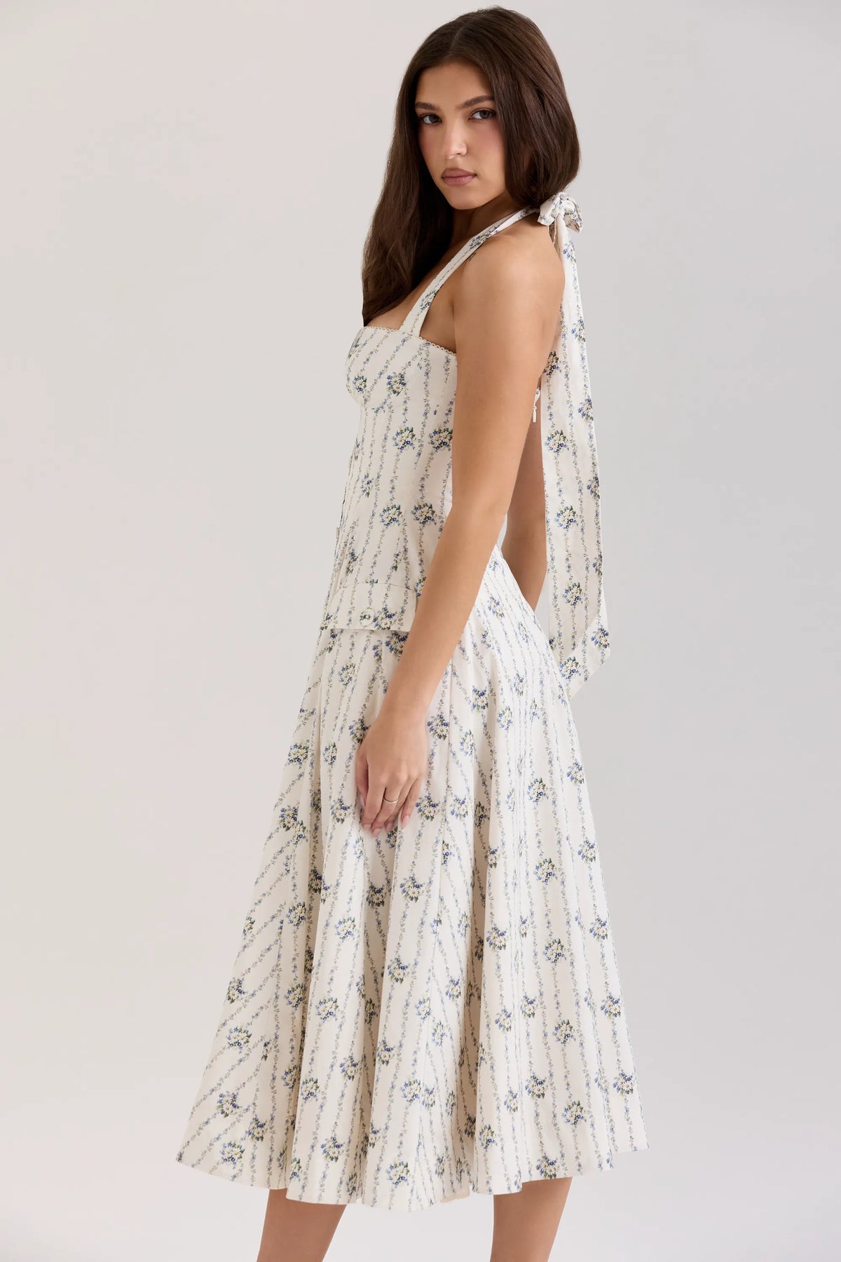 Claudia Cream Daisy Print Stretch Cotton Halter Neck Midi Dress
