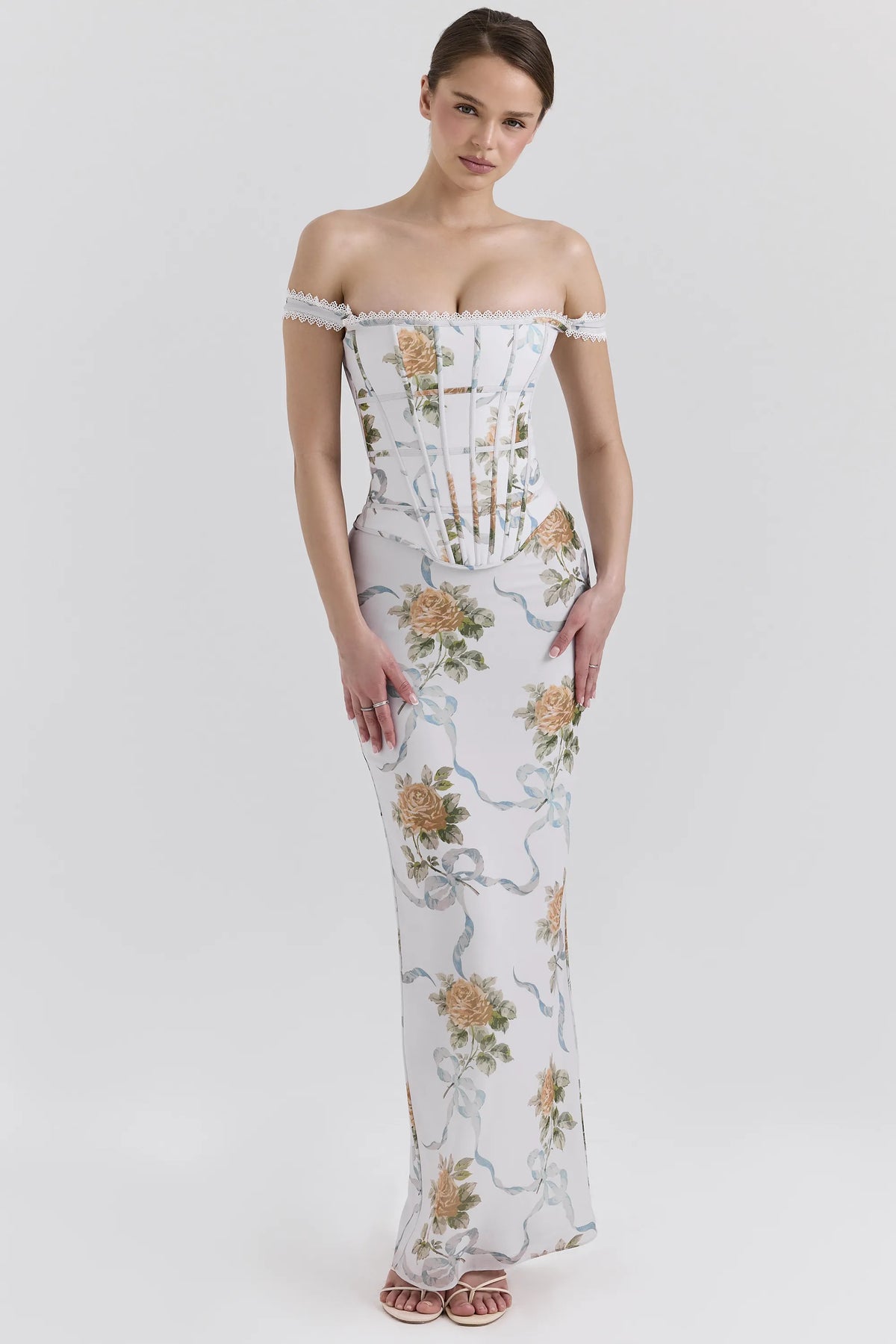 Isis Soft Blue Vintage Print Corset Maxi Dress