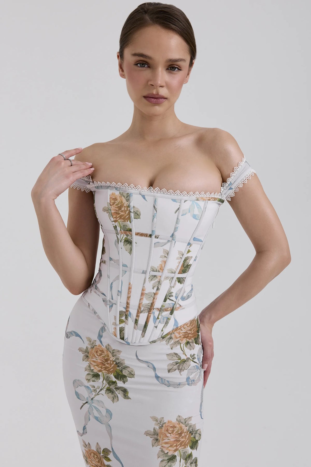 Isis Soft Blue Vintage Print Corset Maxi Dress