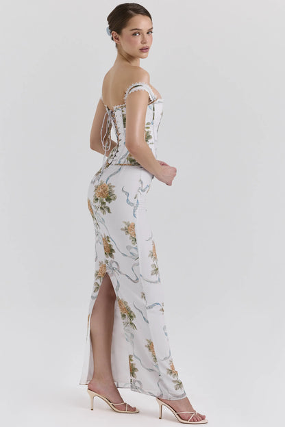 Isis Soft Blue Vintage Print Corset Maxi Dress