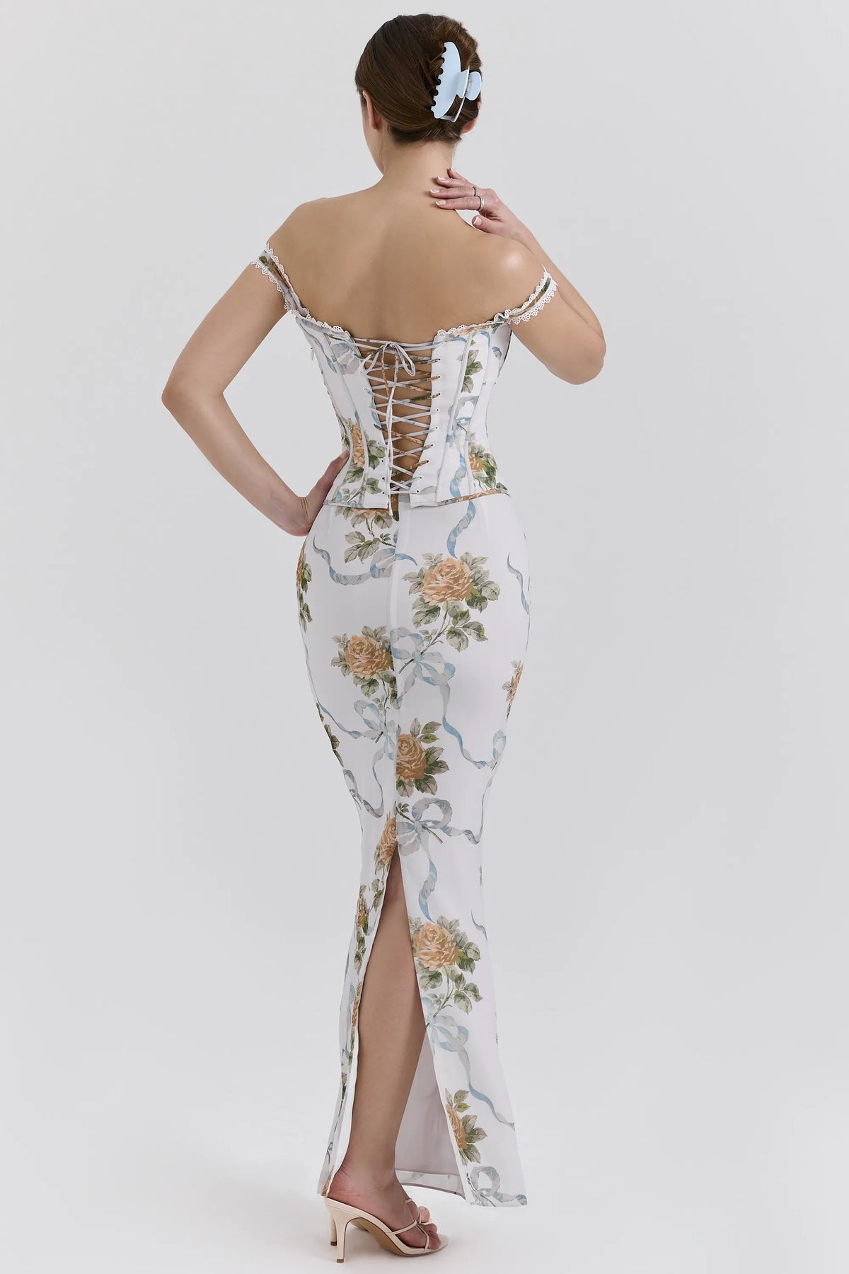 Isis Soft Blue Vintage Print Corset Maxi Dress