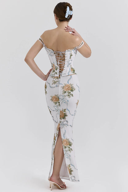 Isis Soft Blue Vintage Print Corset Maxi Dress