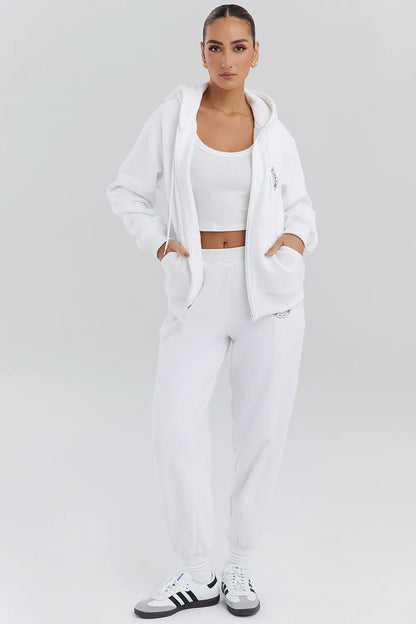 Mirage White Cotton Fleece-Back Zip Through Hoodie