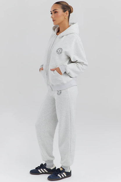 Mirage Light Grey Marl Cotton Fleece-Back Zip Through Hoodie