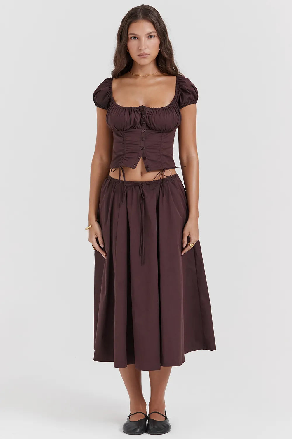 Cora Rich Brown Gathered Midi Skirt