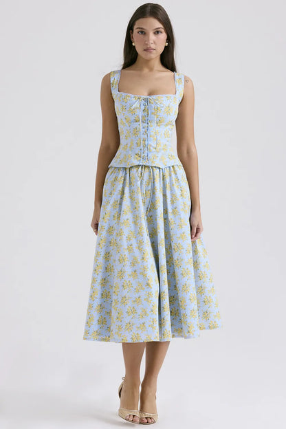 Juana Soft Blue Vintage Floral Print Cotton Top