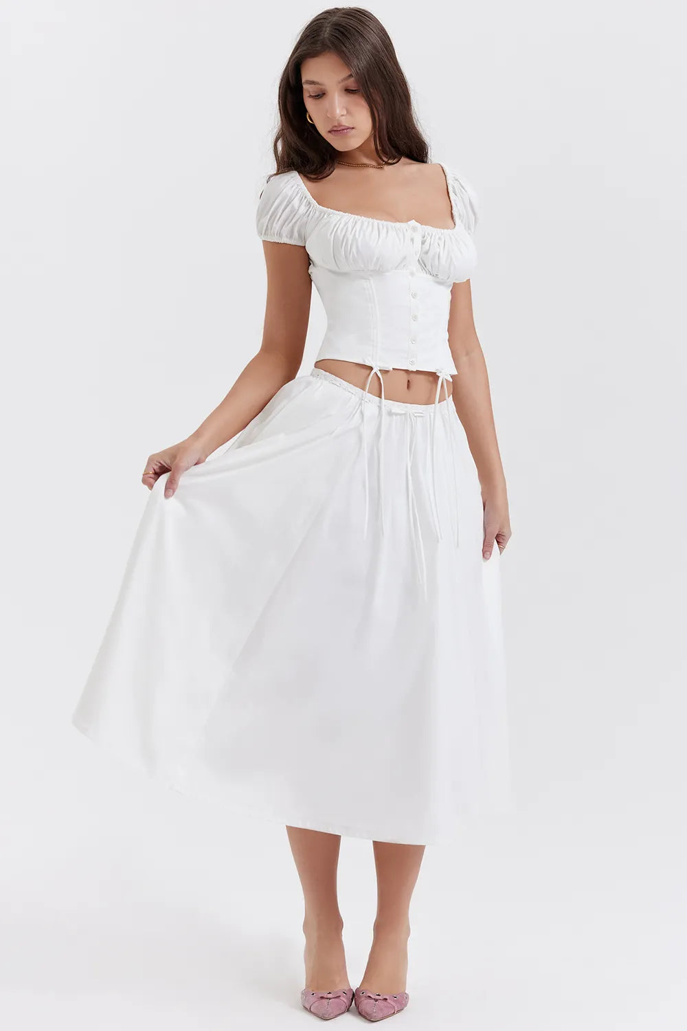 Cora White Gathered Midi Skirt