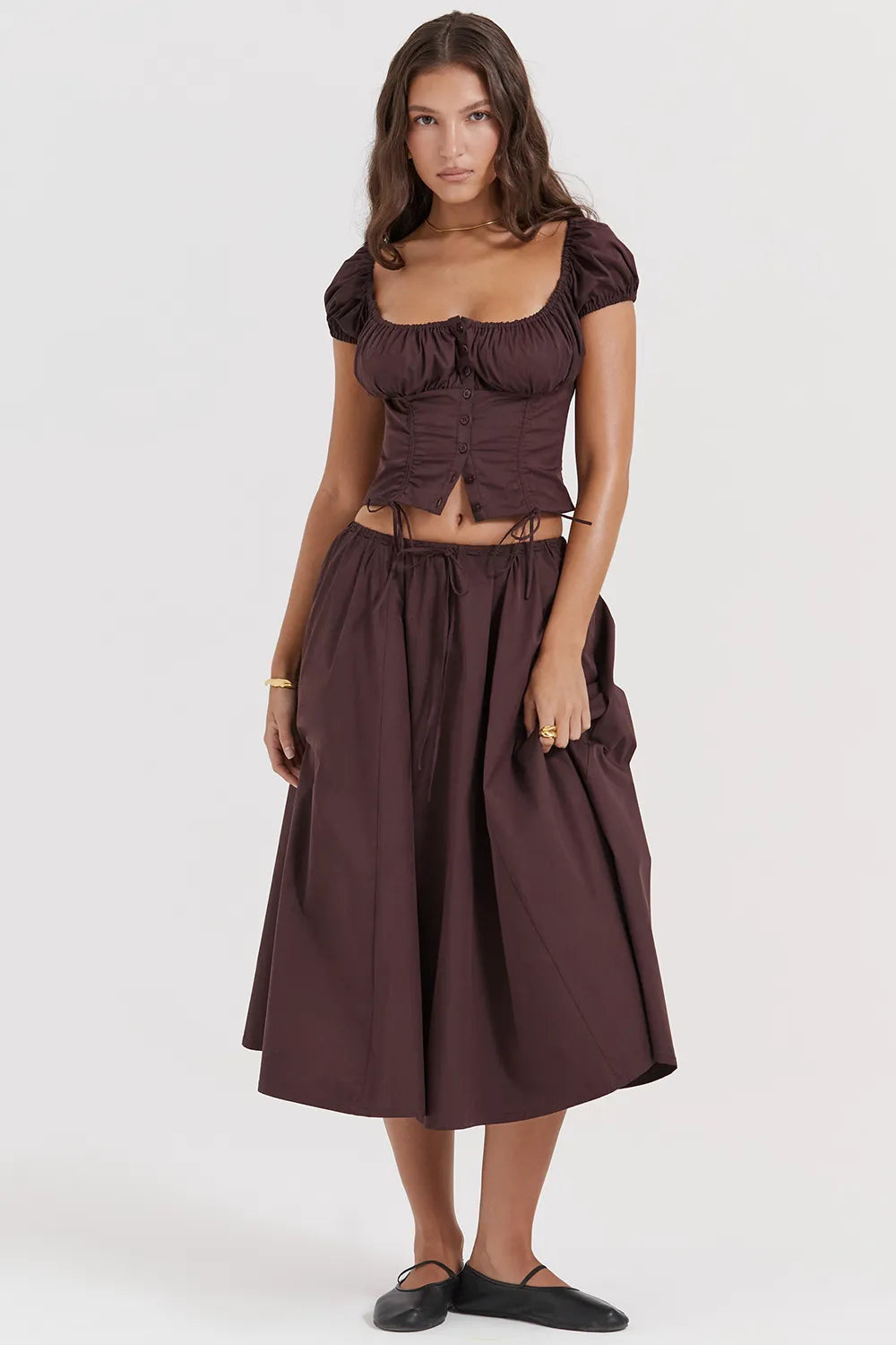 Cora Rich Brown Gathered Midi Skirt