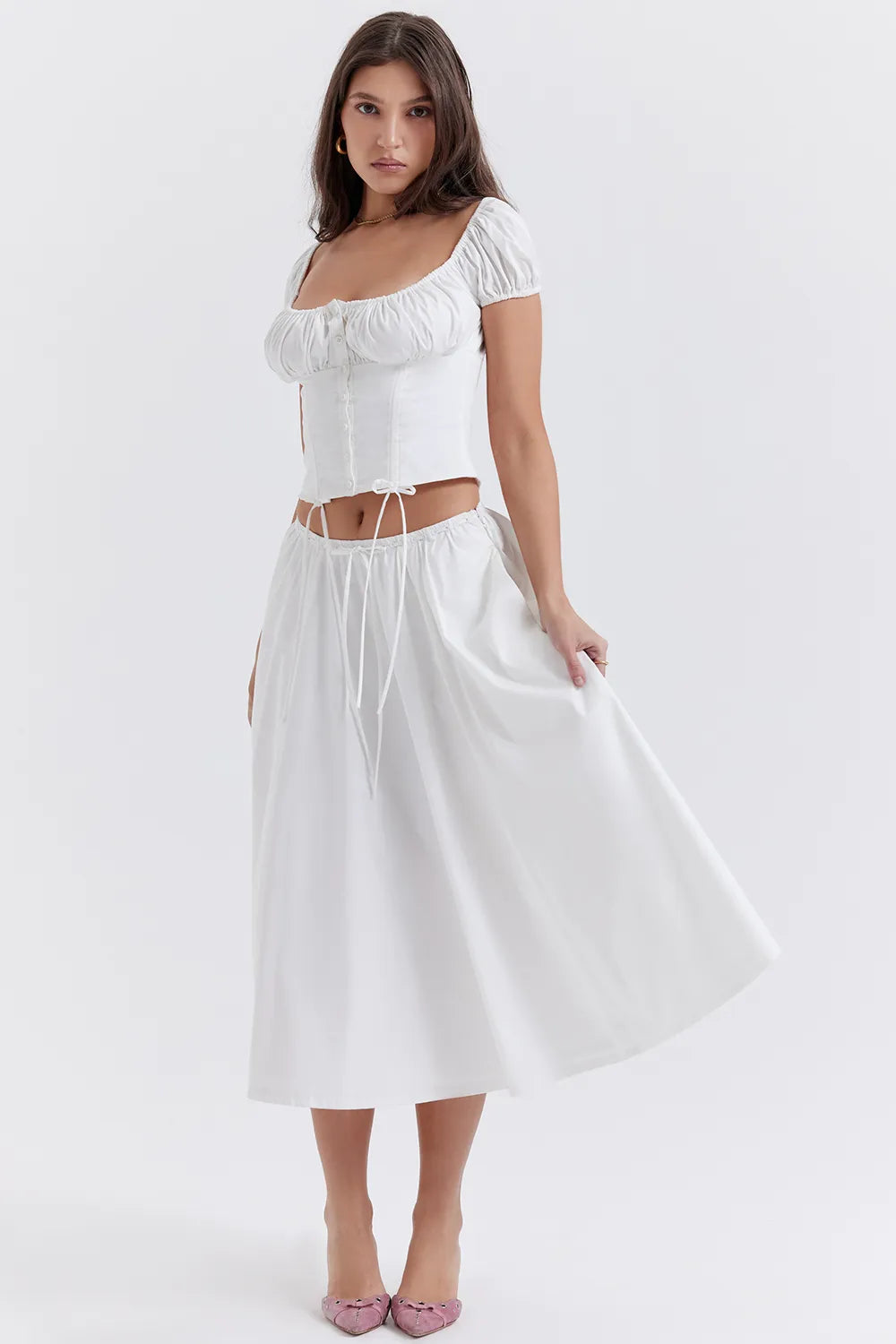 Cora White Gathered Midi Skirt