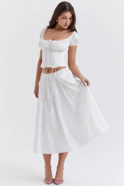 Cora White Gathered Midi Skirt