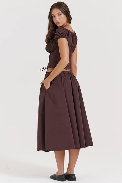 Cora Rich Brown Gathered Midi Skirt
