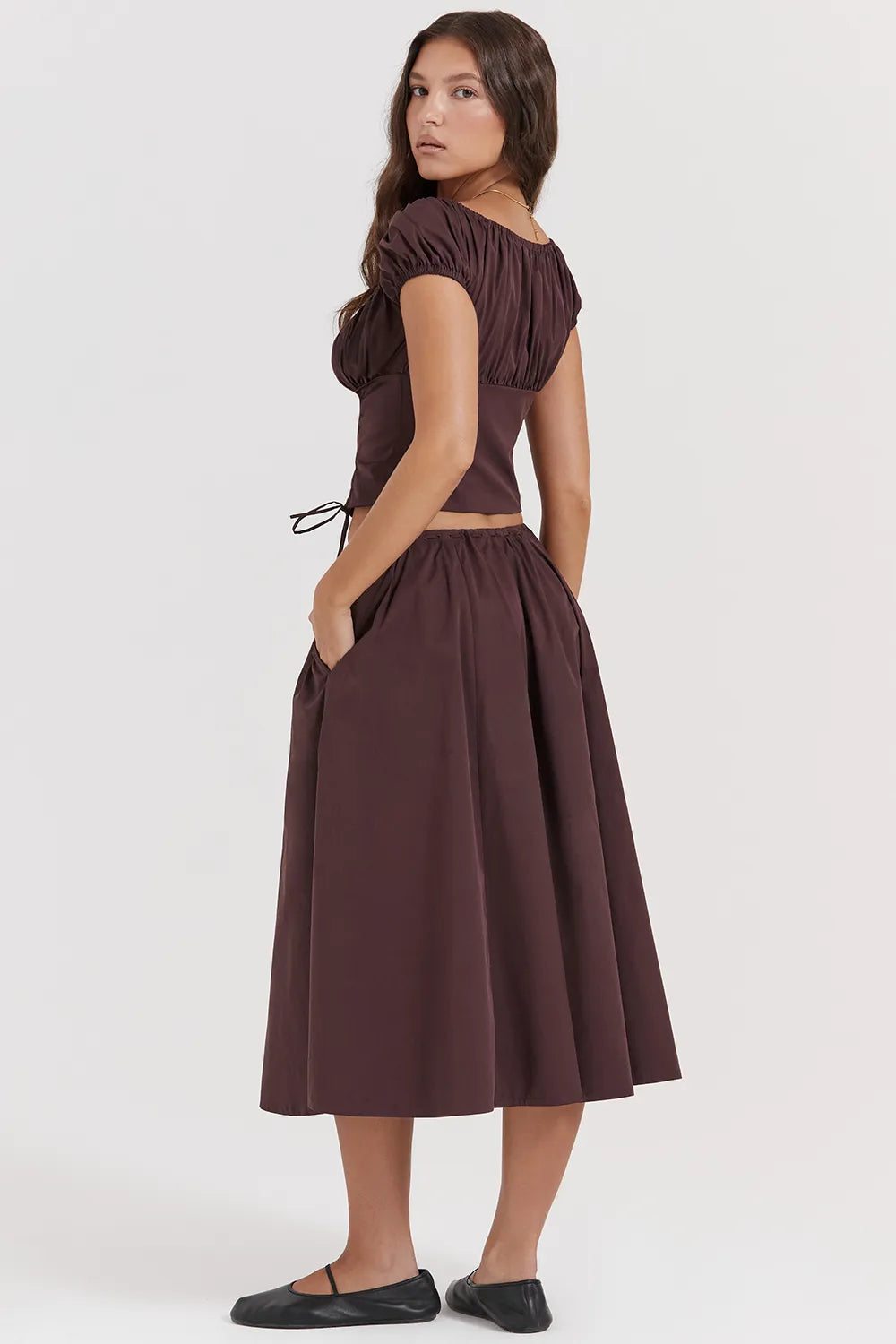 Cora Rich Brown Gathered Midi Skirt