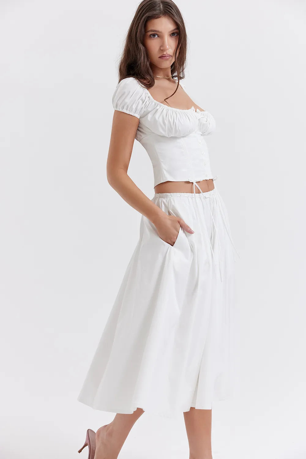 Cora White Gathered Midi Skirt