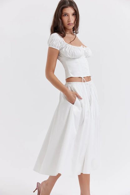Cora White Gathered Midi Skirt