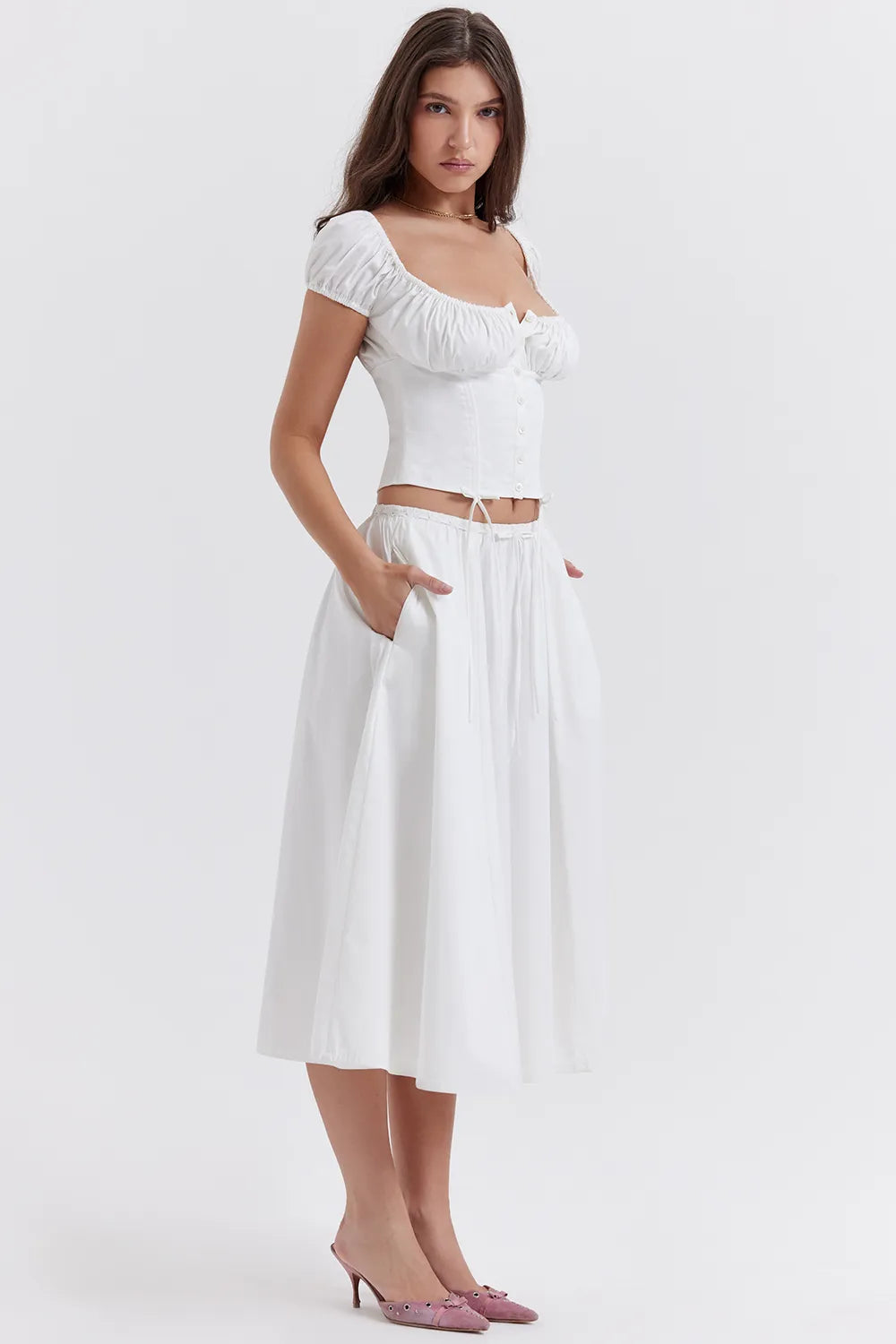 Cora White Gathered Midi Skirt