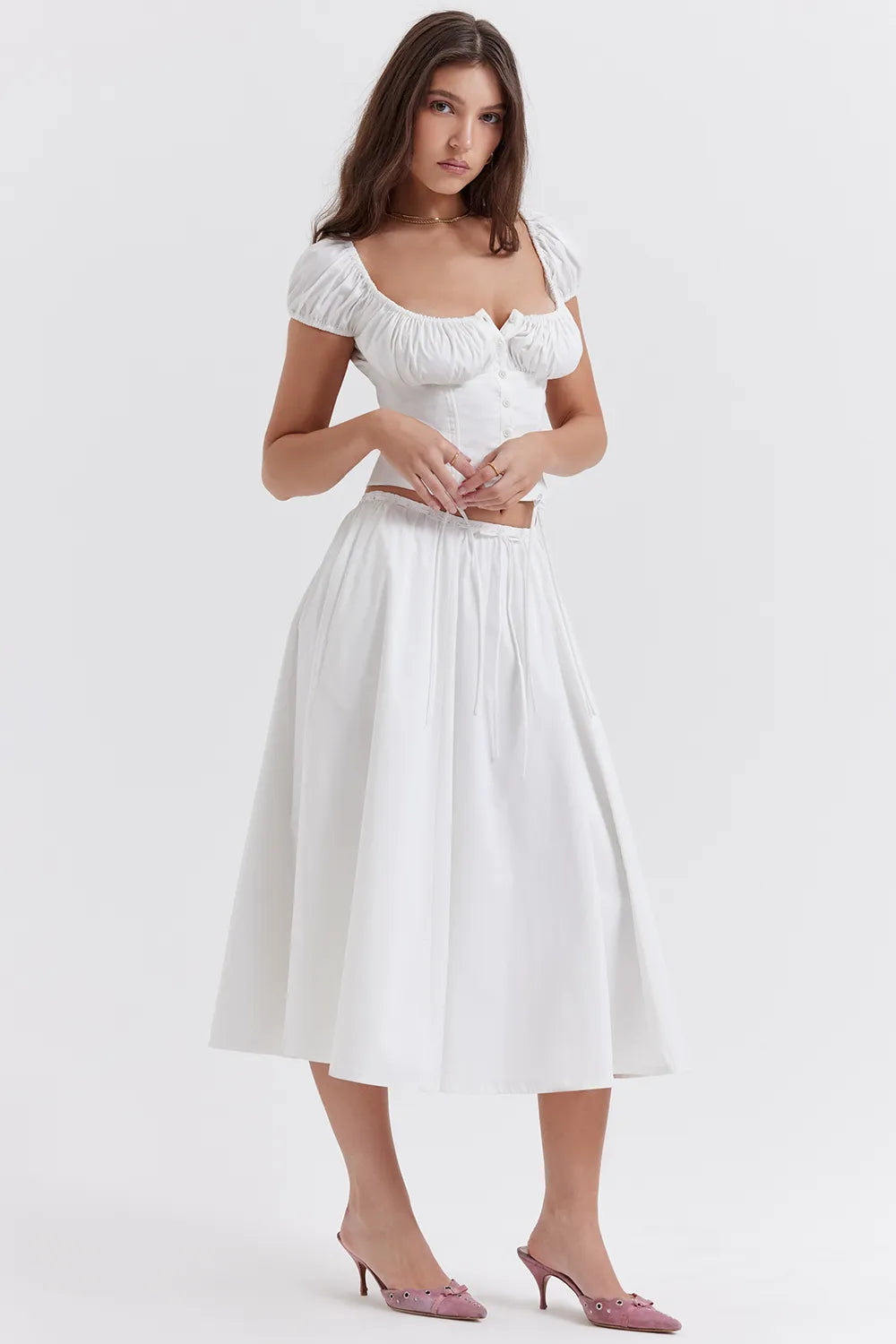 Cora White Gathered Midi Skirt