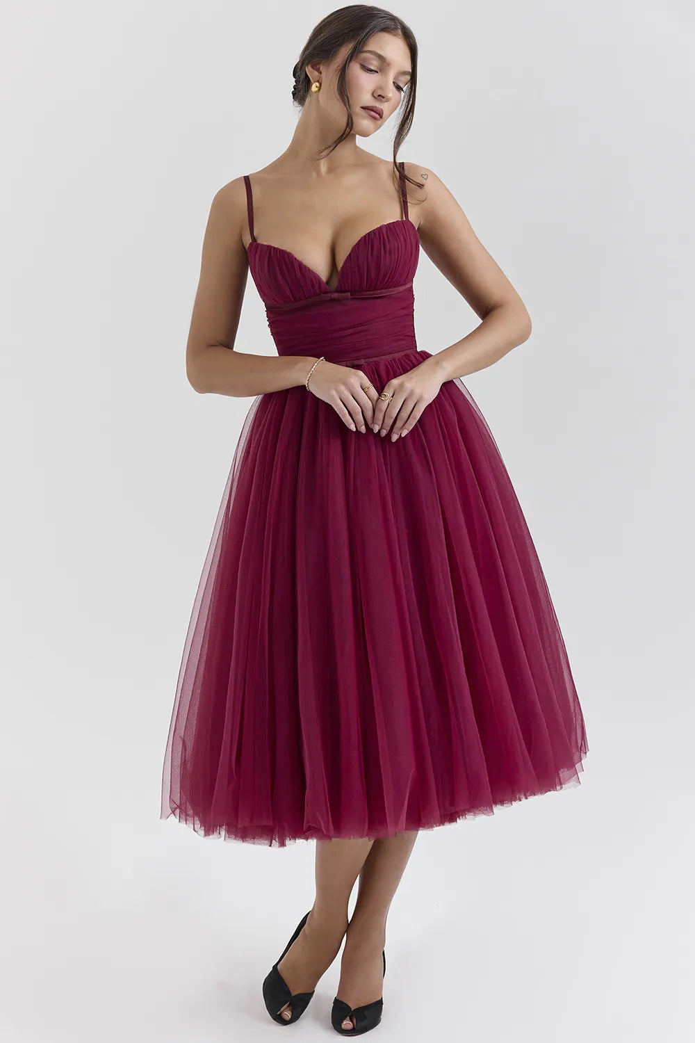 Countess Cabernet Tulle Midi Dress