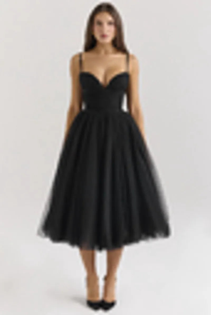 Countess Black Tulle Ruched Bodice Midi Dress