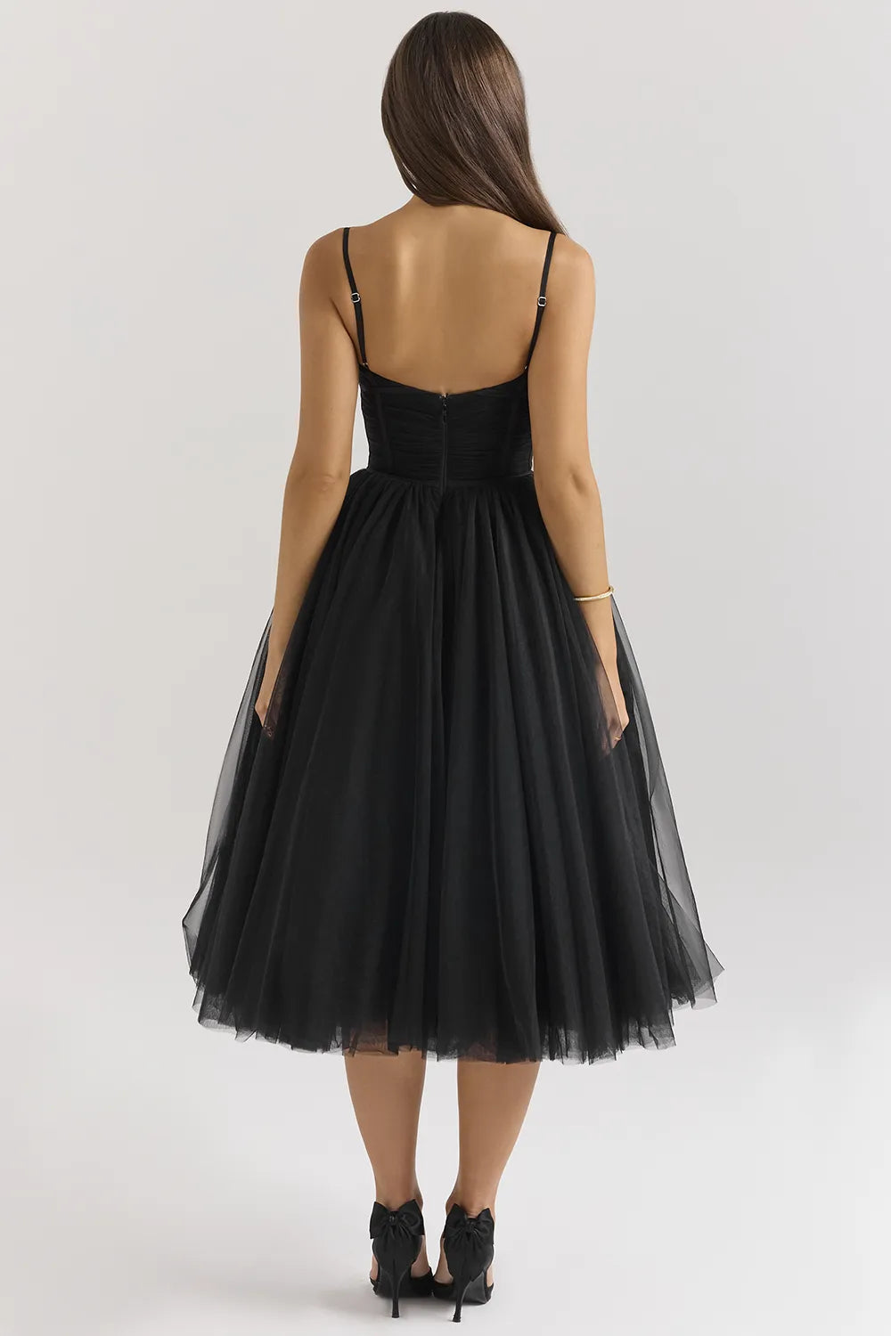 Countess Black Tulle Ruched Bodice Midi Dress