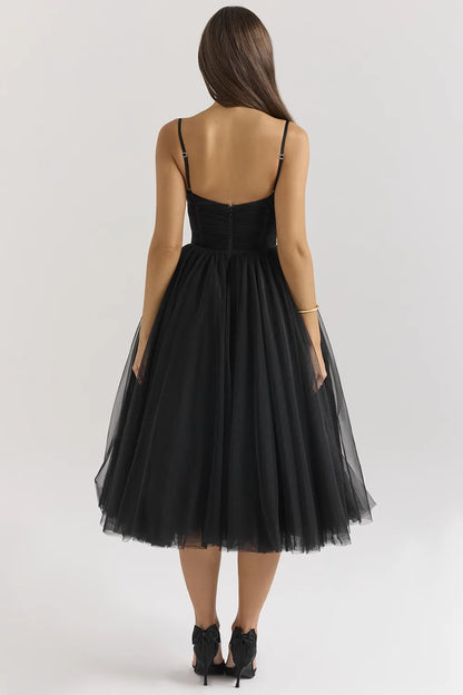 Countess Black Tulle Ruched Bodice Midi Dress