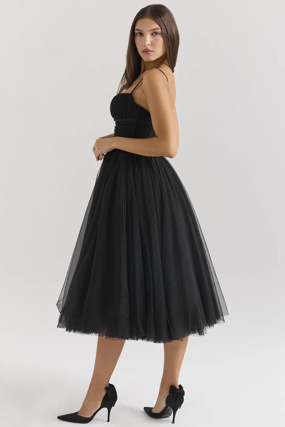 Countess Black Tulle Ruched Bodice Midi Dress