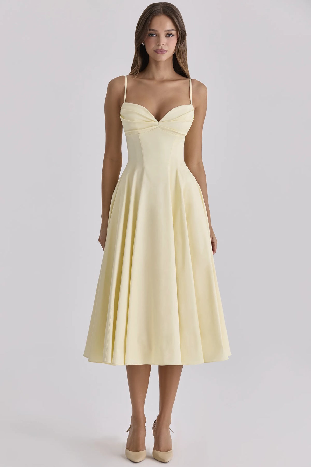 Dahlia Lemon Cotton Princess Cut  Midi Sundress