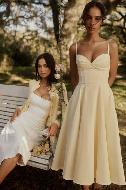 Dahlia Lemon Cotton Princess Cut  Midi Sundress