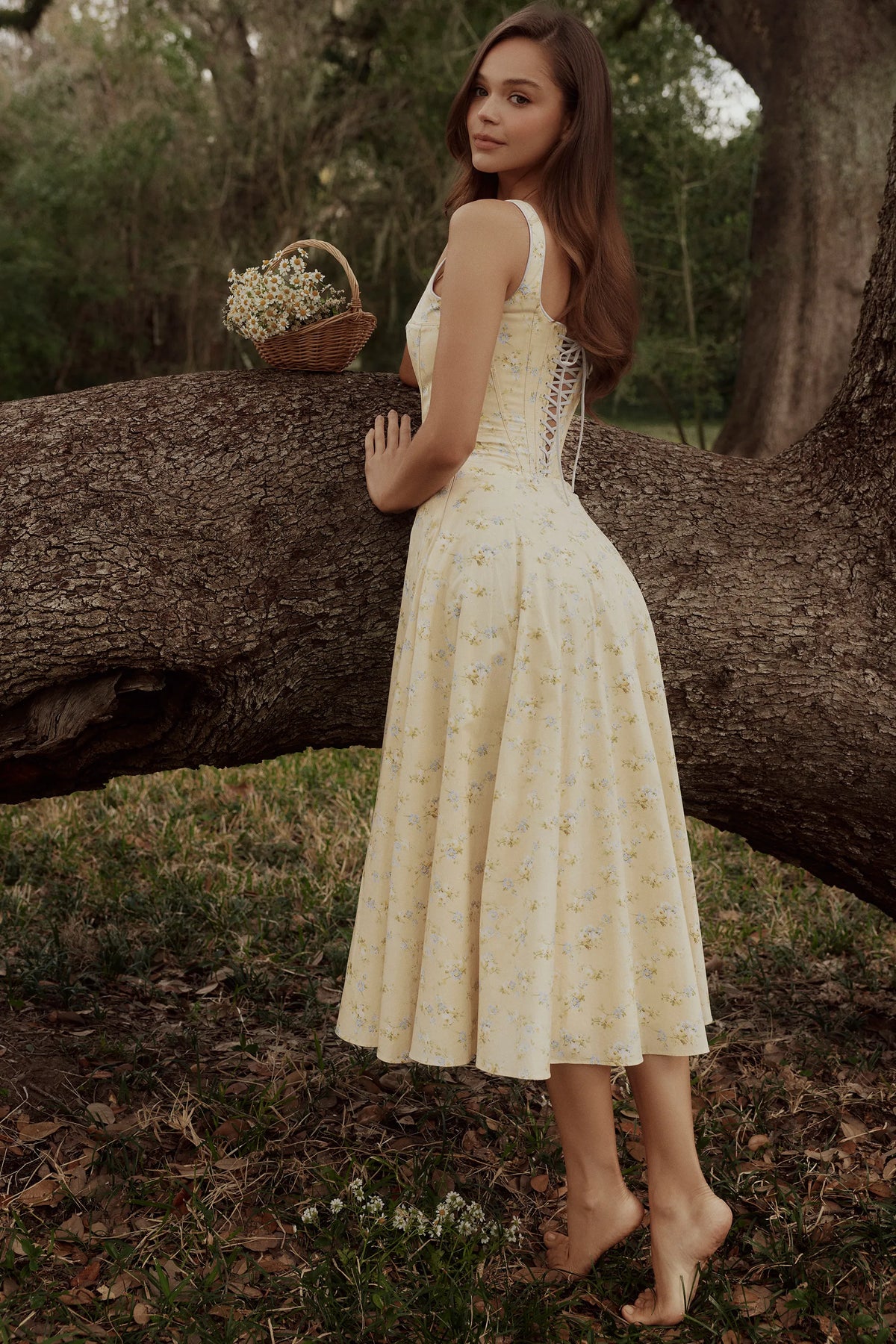 Jaime Lemon Floral Print Cotton Lace Up Midi Sundress