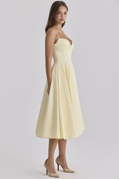 Dahlia Lemon Cotton Princess Cut  Midi Sundress