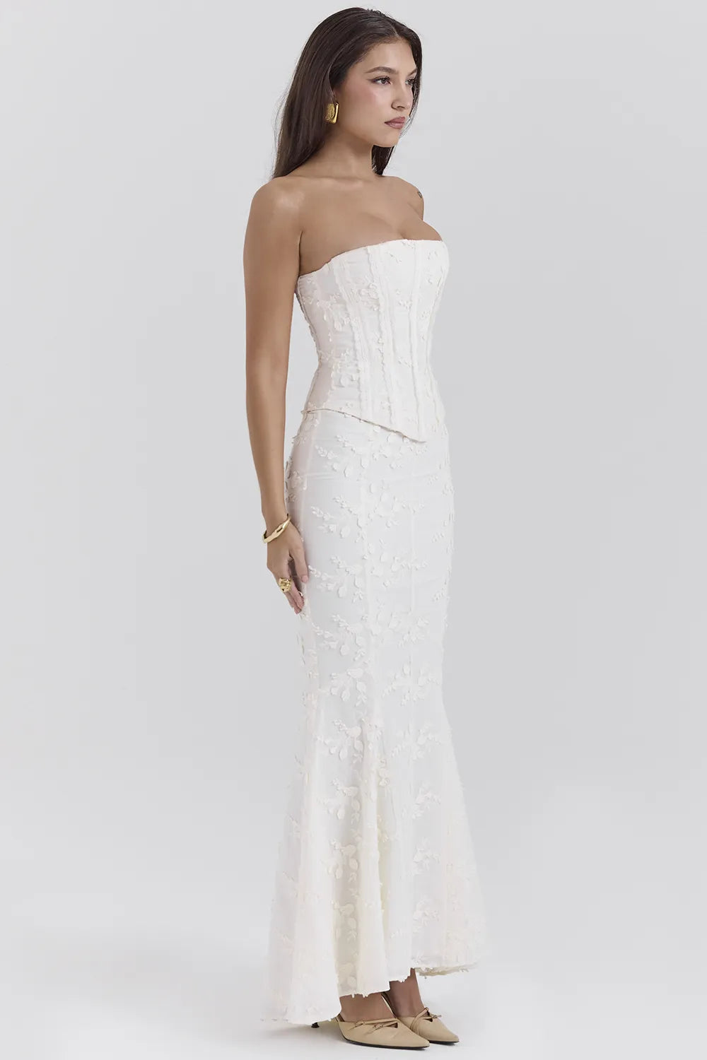 Veronica Vintage Ivory Embroidered Godet Maxi Skirt