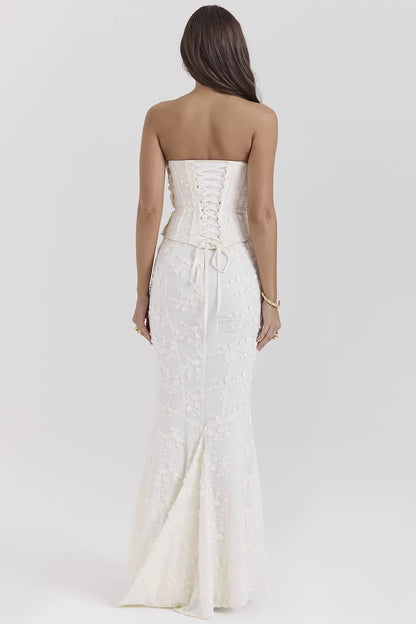 Veronica Vintage Ivory Embroidered Godet Maxi Skirt