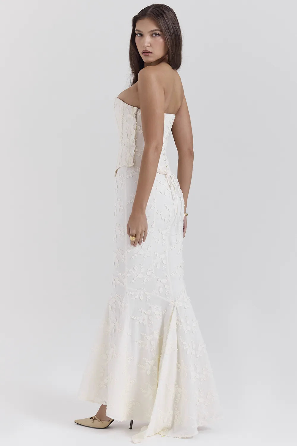 Veronica Vintage Ivory Embroidered Godet Maxi Skirt